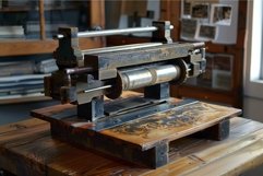 Antique printing press standing on wooden table in workshop Product Image 1