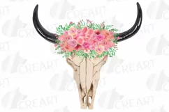 Watercolor pink floral Bull Skull clipart, Indian Tribal png Product Image 1
