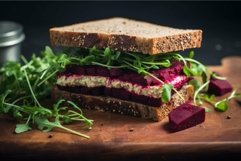 Gourmet beetroot and arugula sandwich on wooden board Product Image 1