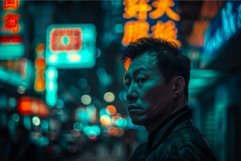 A contemplative man stands amidst a neonlit urban night scen Product Image 1