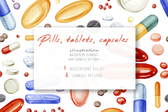 Colorful watercolor pills, tablets, capsules. Medicines set Product Image 1