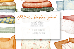 Watercolor cozy pillows, blanket, soft plaid. Warm home Product Image 1