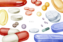 Colorful watercolor pills, tablets, capsules. Medicines set Product Image 6