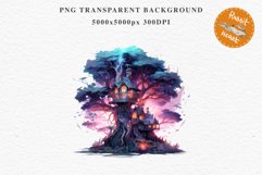 Fairy Haunted Mansion Halloween Witch Tree House Clipart PNG Tale Art Image Watercolor Transparent Print illustration sublimation kids printable digital watercolor Witchy Mansion, fairy tree house clipart, haunted mansion, Creepy Witch House, halloween