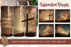 Preview image showing a rustic wooden cross, American flag and fireworks in a 4th of July Christian tumbler wrap design for 20oz sublimation.