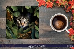 Cat and Green Leaves Square Coaster | Fall Design Product Image 1