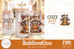 Popular cute raccoon sublimation design being used as a fall 16oz glass can wrap print