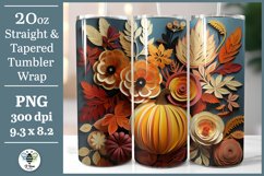 3D fall florals and pumpkin tumbler wrap being shown on a 20oz skinny tumbler