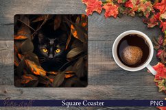 Cute Black Cat and Leaves Square Coaster | Pet Lover Design Product Image 1