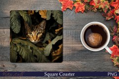 Cute Kitten and Leaves Square Coaster | Autumn Design Product Image 1