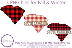 Fall and Winter South Carolina clip art featuring buffalo plaids and colorful lettering