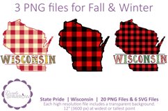 Fall and winter themed Wisconsin clip art featuring buffalo plaid and colorful lettering