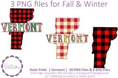 Fall and Winter Vermont clip art featuring buffalo plaids and colorful lettering