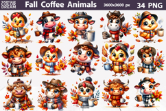 Fall Coffee Animals Clipart | Autumn Cow Chicken Horse PNG Product Image 1
