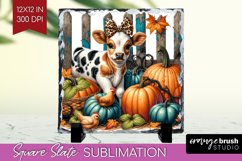 Fall Cow Slate PNG - Autumn Cow Square Slate Sublimation Product Image 1