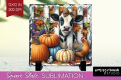 Fall Cow Slate PNG - Autumn Cow Square Slate Sublimation Product Image 1