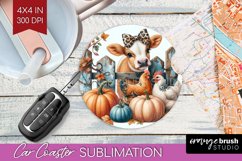 Fall Cow Car Coaster - Autumn Cow Coaster PNG Sublimation Product Image 1