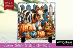 Fall Cow Slate PNG - Autumn Cow Square Slate Sublimation Product Image 1