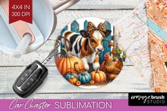 Fall Cow Car Coaster - Autumn Cow Coaster PNG Sublimation Product Image 1