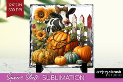 Fall Cow Slate PNG - Autumn Cow Square Slate Sublimation Product Image 1