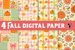 Fall Digital Paper | Autumn Scrapbook, Pumpkin Plaid Floral Product Image 1