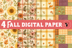 Fall Digital Paper | Autumn Scrapbook, Pumpkin Plaid Floral Product Image 1