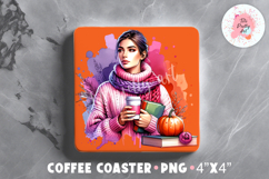 Fall Girl Square Coaster, Coffee Square Coaster Sublimation Png, Square Coaster Png