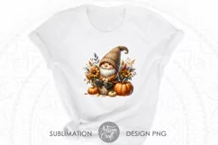 cute gnome sitting on a stump of a tree surrounded by fall leaves, pumpkins and flowers