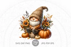 cute gnome sitting on a stump of a tree surrounded by fall leaves, pumpkins and flowers