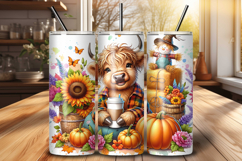 Fall Highland Cow 20 oz Tumbler Wrap Sublimation PNG Product Image 1