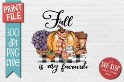Fall Is My Favourite Autumn Sublimation Design Printable with purple mums boots coffee and a pumpkin with a scarf