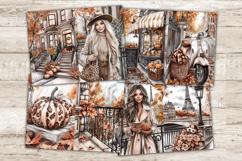 GlamArtZhanna, fall journal pages, city junk paper, autumn collage, travel journal, fall vibes kit, autumn woman, pumpkin sheet, urban autumn, fall skyline, sidewalk dreams, junk journal, fall printables, city scrapbook
