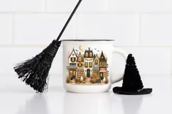 Square 4000 x 4000 Halloween PNG with cozy haunted shops, pumpkin displays, ghosts, a black cat, crescent moon, bats, and autumn cottage charm.