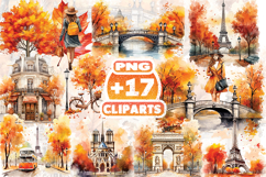 Fall Paris Watercolor Clipart | Autumn Eiffel Tower PNG Product Image 1