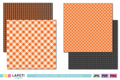 Cozy fall plaid and checkered digital paper bundle in warm orange and brown tones, ideal for rustic seasonal crafts and printable backgrounds.