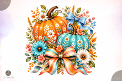 Fall Pumpkin PNG, Turquoise Bow Pumpkin, Floral Autumn Product Image 1
