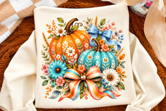 Fall Pumpkin PNG, Turquoise Bow Pumpkin, Floral Autumn Product Image 2