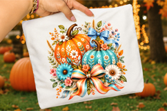 Fall Pumpkin PNG, Turquoise Bow Pumpkin, Floral Autumn Product Image 3