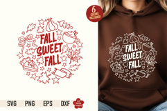 Fall Sweet Fall SVG PNG design with autumn line art doodles encircled around text displayed on a brown hoodie mockup