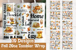 Fall tumbler wrap bundle with 10 cozy autumn sublimation PNG designs featuring pumpkins, leaves, quotes, harvest elements perfect for sublimation printing on 20oz tumblers.