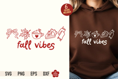 Fall Vibes SVG PNG design with aesthetic line art doodles of a bow, leaf, drink, pie, and scarf on a brown hoodie mockup