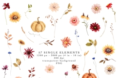 fall wildflowers pumpkins watercolor clipart elements burgundy beige brown orange white png