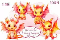 Watercolor colorful fantasy fire dragon clipart Product Image 1