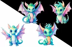 Watercolor colorful fantasy rainbow dragons clipart Product Image 2
