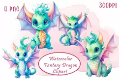Watercolor colorful fantasy rainbow dragons clipart Product Image 1