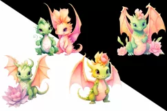 Watercolor colorful fantasy flowers dragons clipart Product Image 2