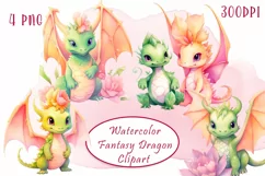 Watercolor colorful fantasy flowers dragons clipart Product Image 1