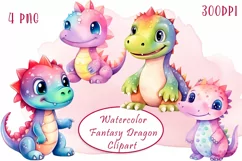 Watercolor colorful fantasy rainbow dragons clipart Product Image 1