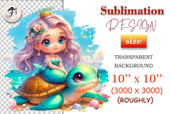 Mermaid blowing bubbles while sitting on turtle shell with seashells below, magical ocean illustration for kids crafts and nursery prints.