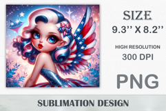 Fantasy patriotic angel girl with red white and blue wings and glamorous retro style — sublimation design for 20 oz tumbler, perfect for 4th of July and USA holidays